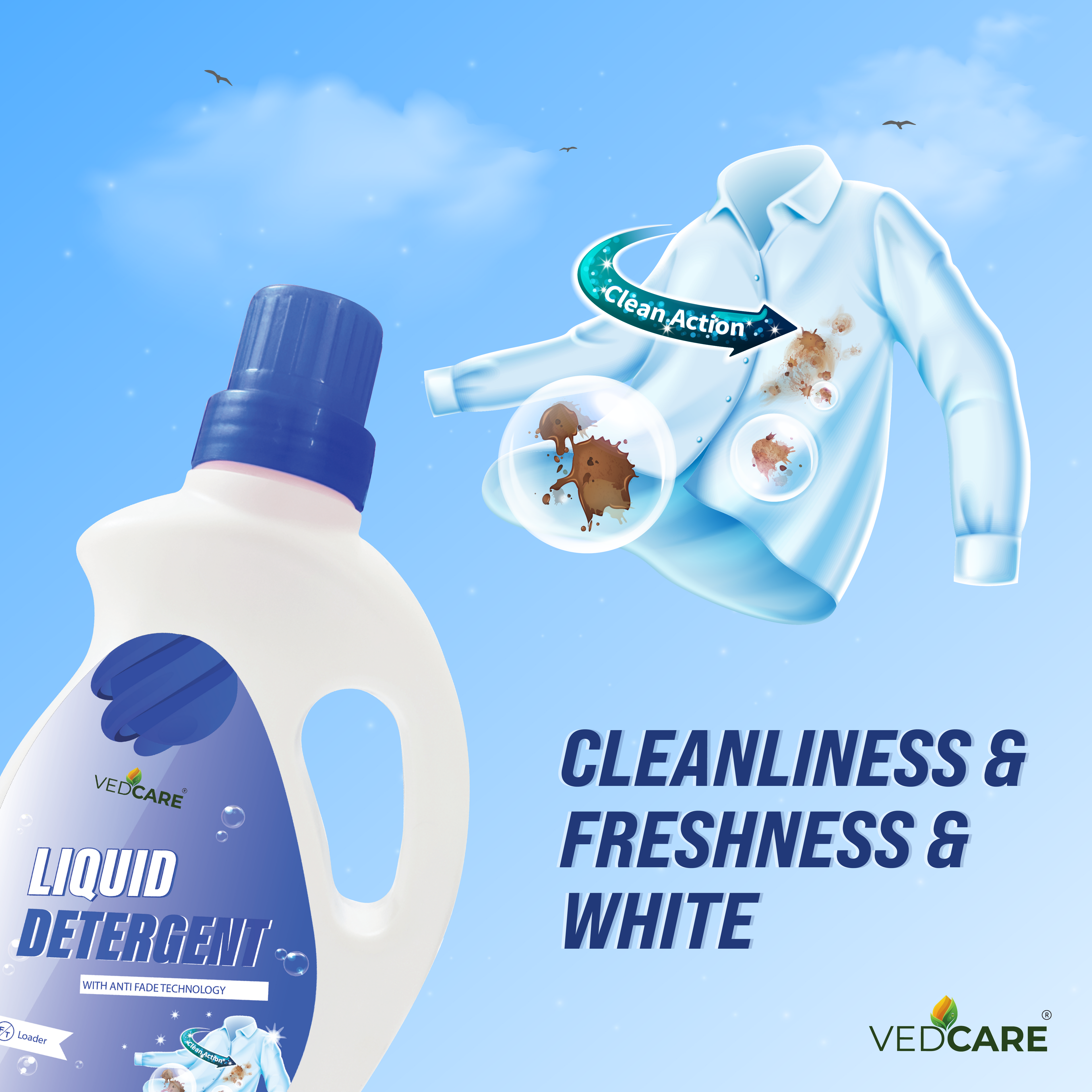 Vedcare liquid detergent bottle with a shirt cleaning illustration on a blue background