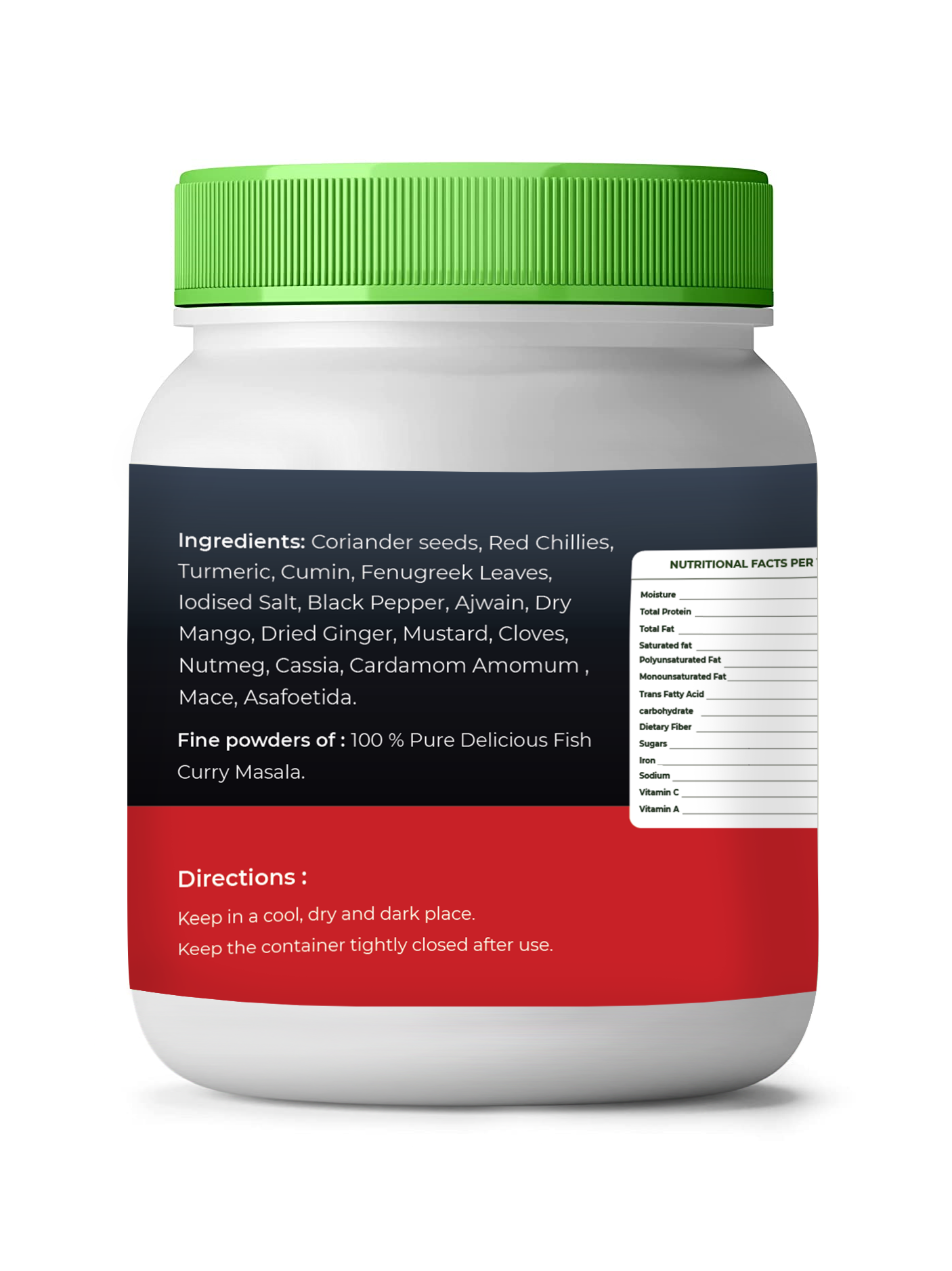 White container with green lid and red label on a white background