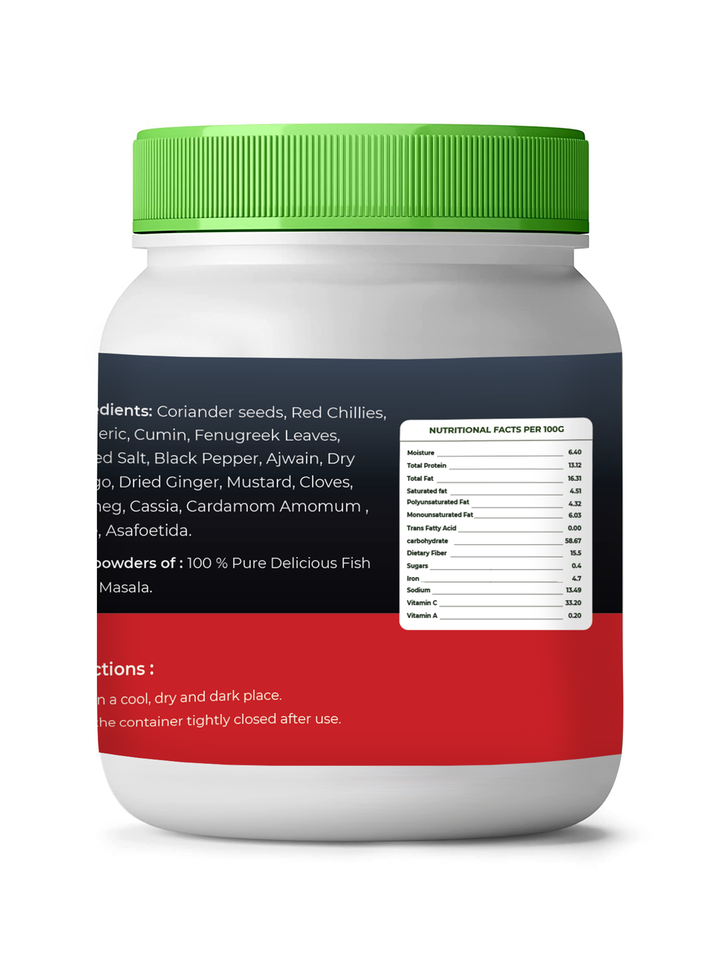 Container with a green lid and multicolored label on a white background