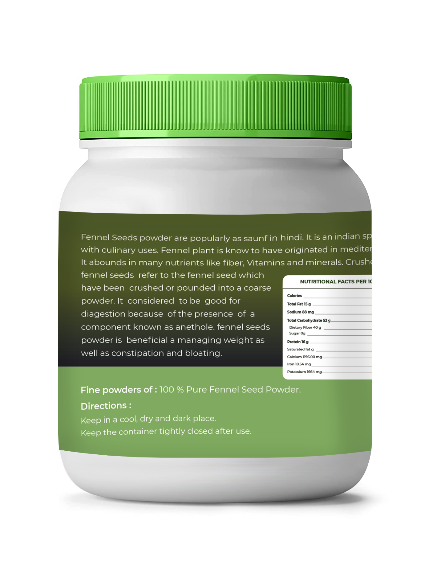 Jar of cumin powder with green lid and label on a white background