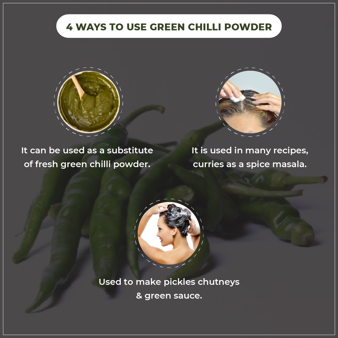 Green chilies with text on ways to use green chili powder on a dark background