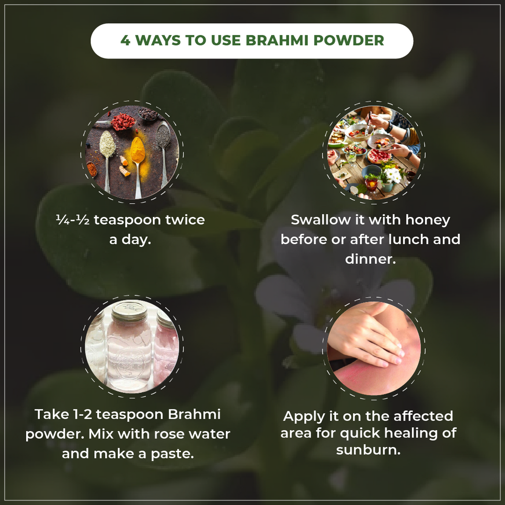Instructions on how to use Brahmi powder with images and text.