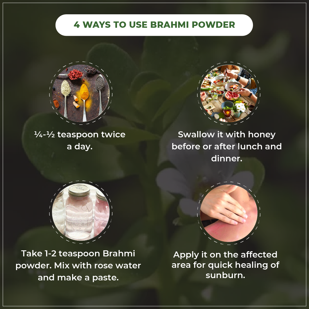 Instructions on how to use Brahmi powder with images and text.
