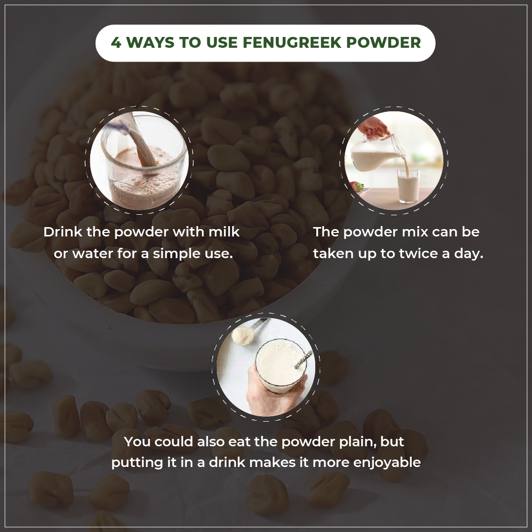 Instructions on using fenugreek powder with images and text.