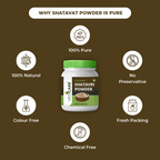 Vedcare Shatavari Powder jar with health benefits on a brown background