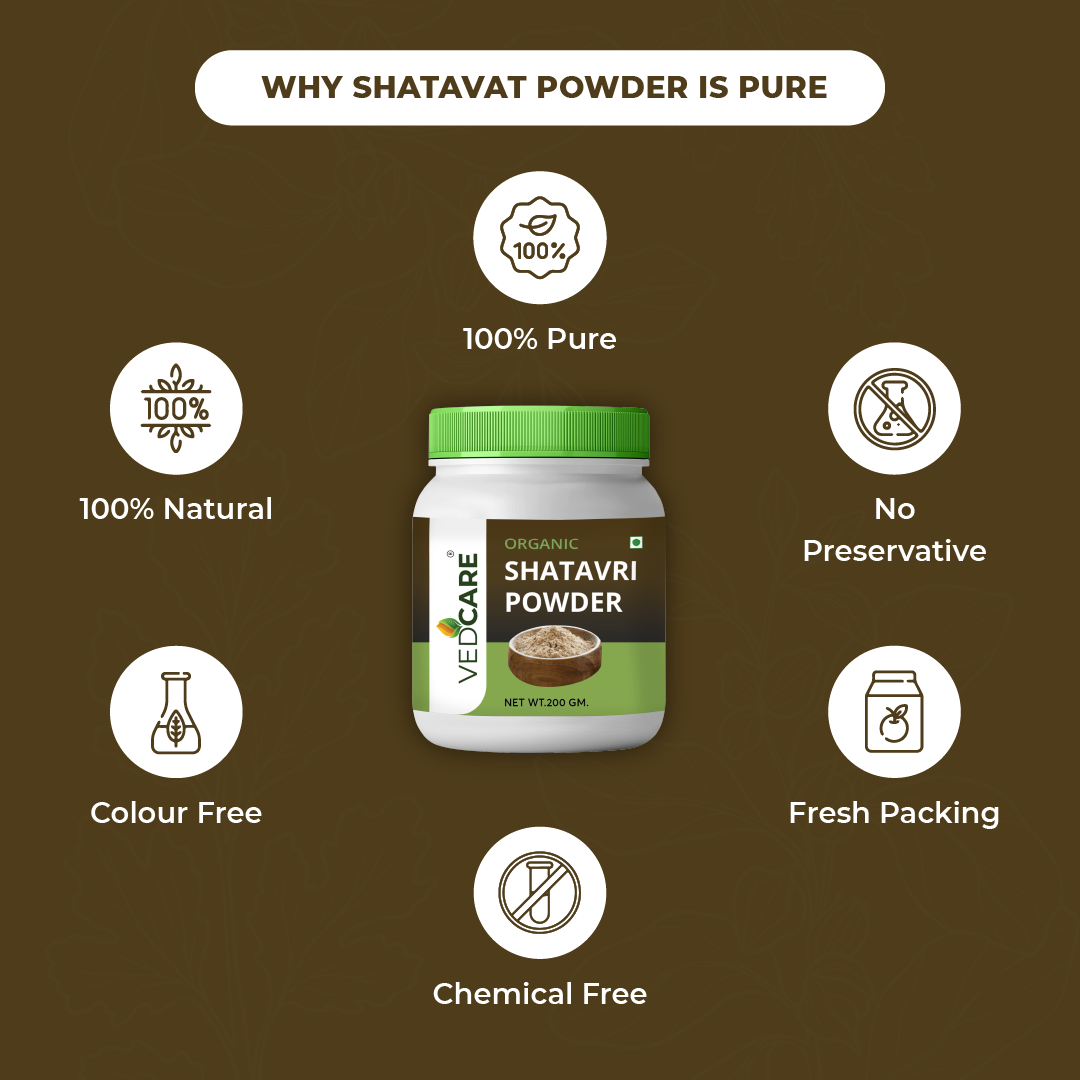 Vedcare Shatavari Powder jar with health benefits on a brown background