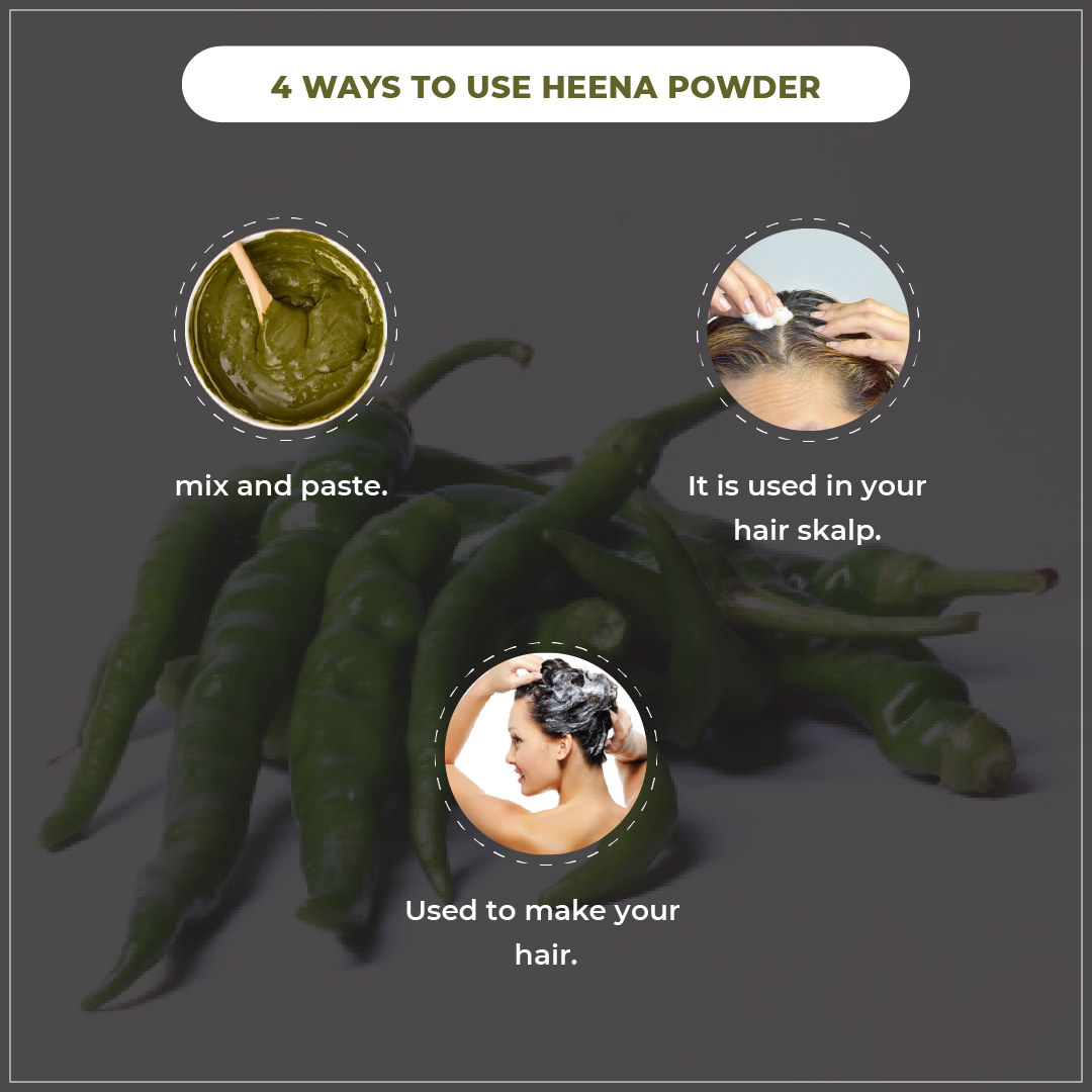 Instructions on using heena powder with images and text on a dark background