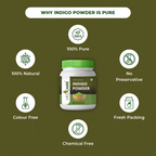 Vedcare Indigo Powder jar with certification icons on a green background
