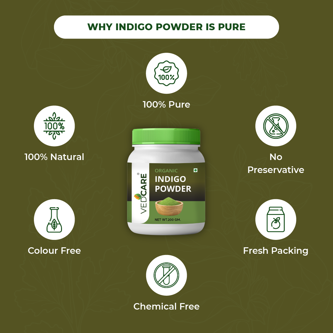 Vedcare Indigo Powder jar with certification icons on a green background