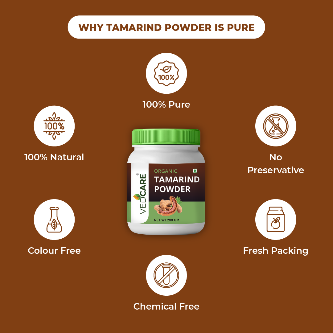 Vedcare Tamarind Powder packaging with health benefits on a brown background