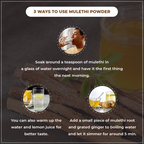 Three ways to use mulethi powder with text and images on a dark background