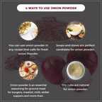 Infographic on using vedcare onion powder with images and text on a dark background