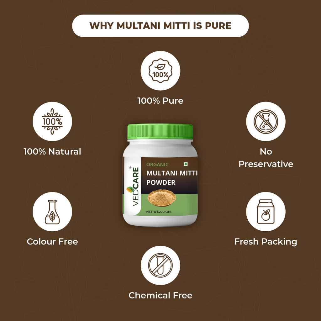 Velcare Multani Mitti Powder jar with health benefits on a brown background