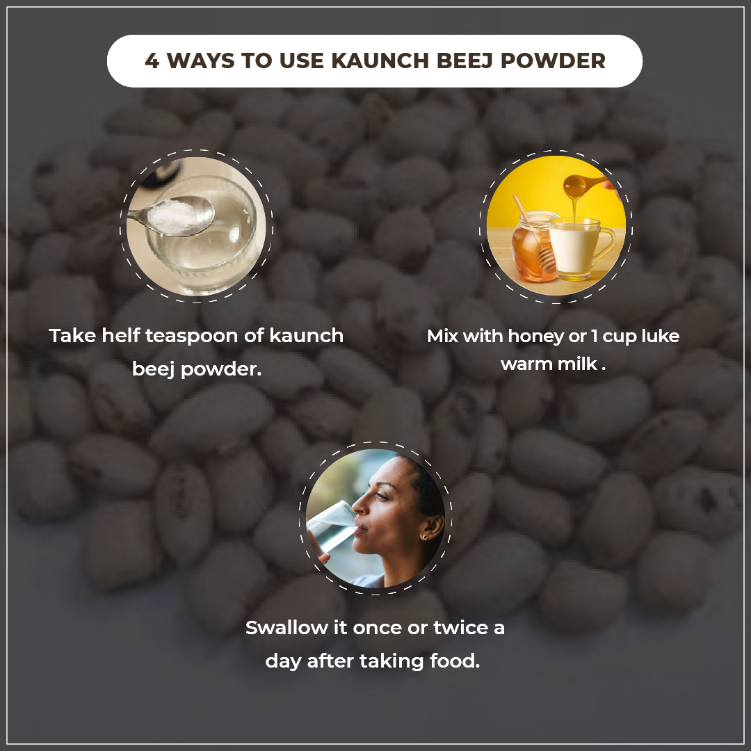 Instructions on how to use kaunch beej powder with images and text.