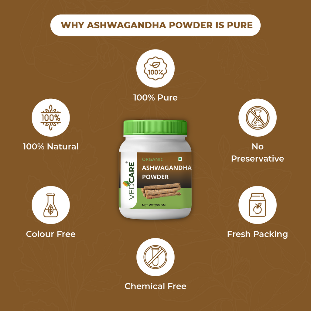Vedcare Ashwagandha powder jar with health benefits on a brown background