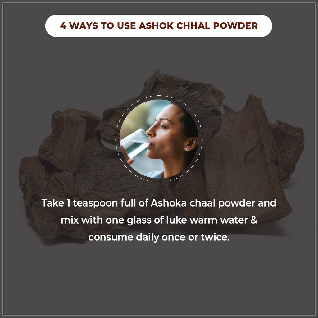 Instructions on using Ashok Chhal powder with a close-up of a person consuming it.