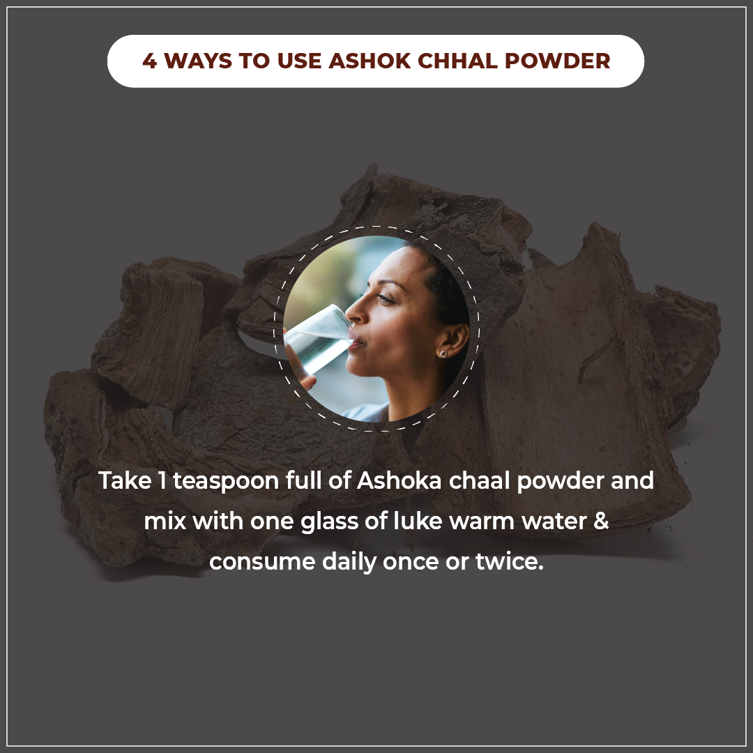 Instructions on using Ashok Chhal powder with a close-up of a person consuming it.