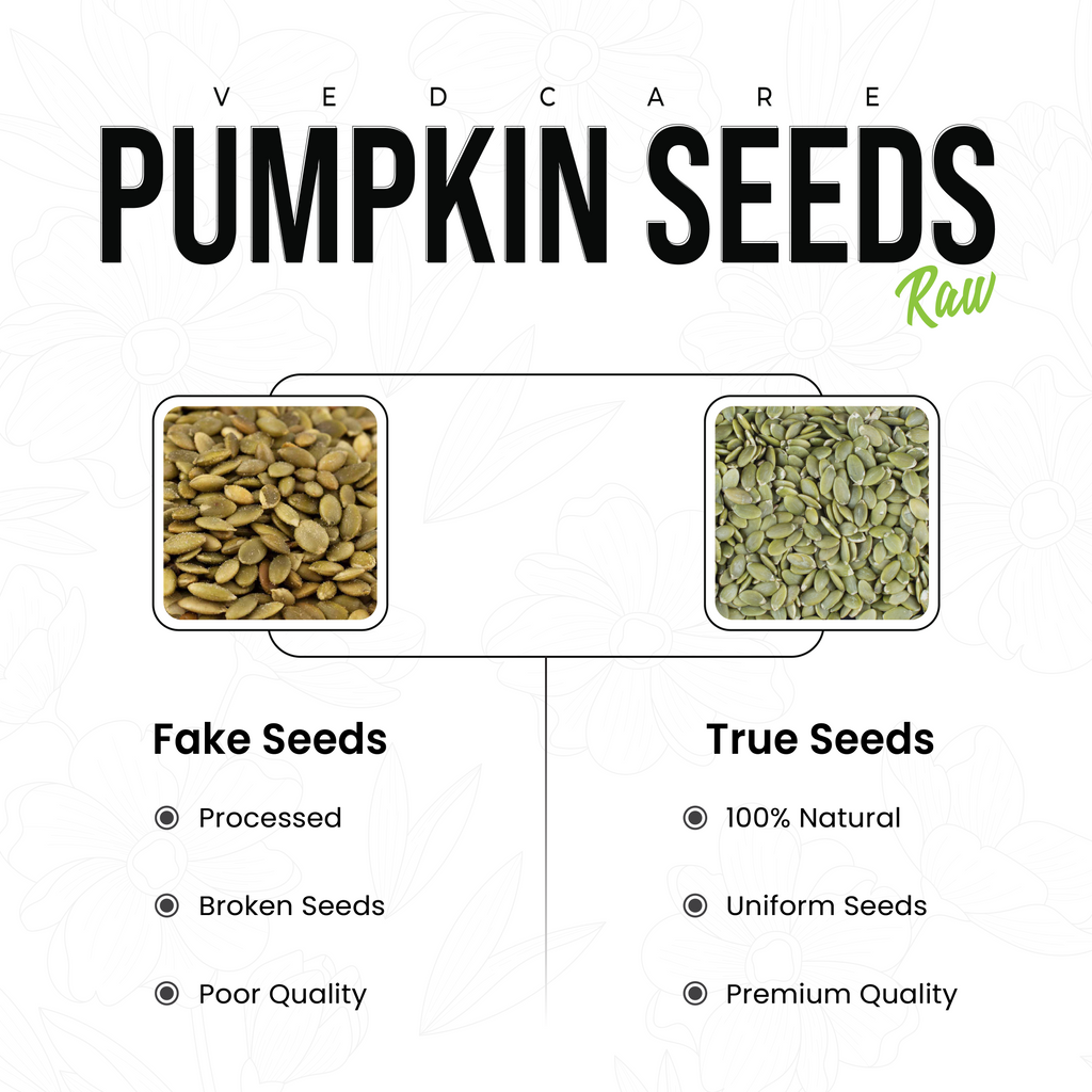 Comparison chart of fake and true pumpkin seeds with Vedicare branding.