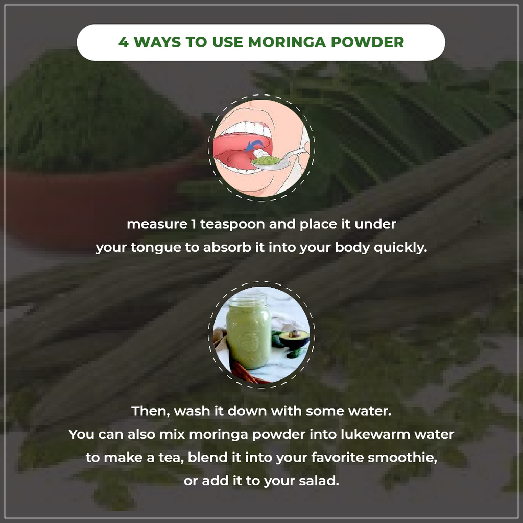 Instructions on using moringa powder with images and text overlay.
