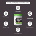 Vedcare Black Pepper Powder jar with health benefits on a dark background