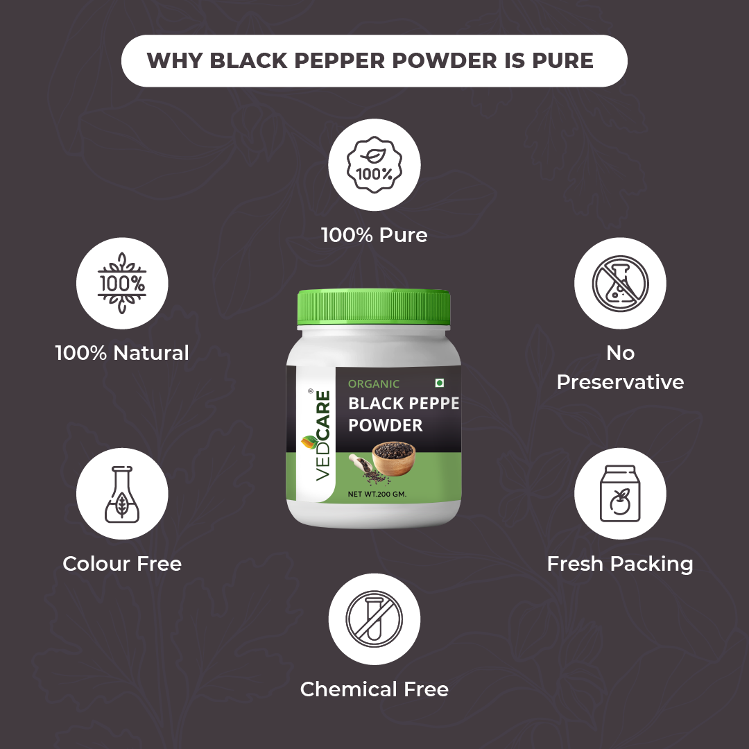 Vedcare Black Pepper Powder jar with health benefits on a dark background