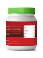 White container with green lid and red label on a white background