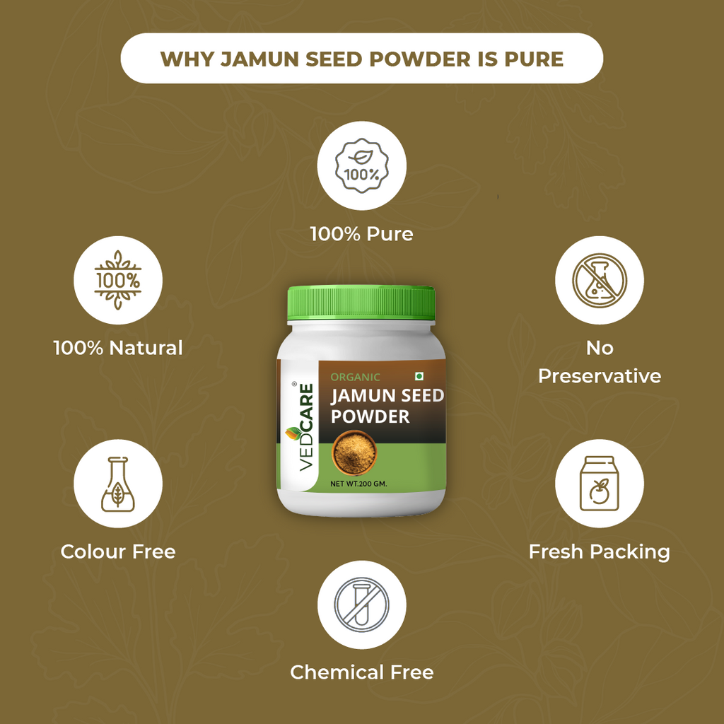 Velcure Jamun Seed Powder container with health benefits on a brown background