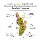 Wooden scoop with green seeds on a white background with text about plant-based nutrients and properties.