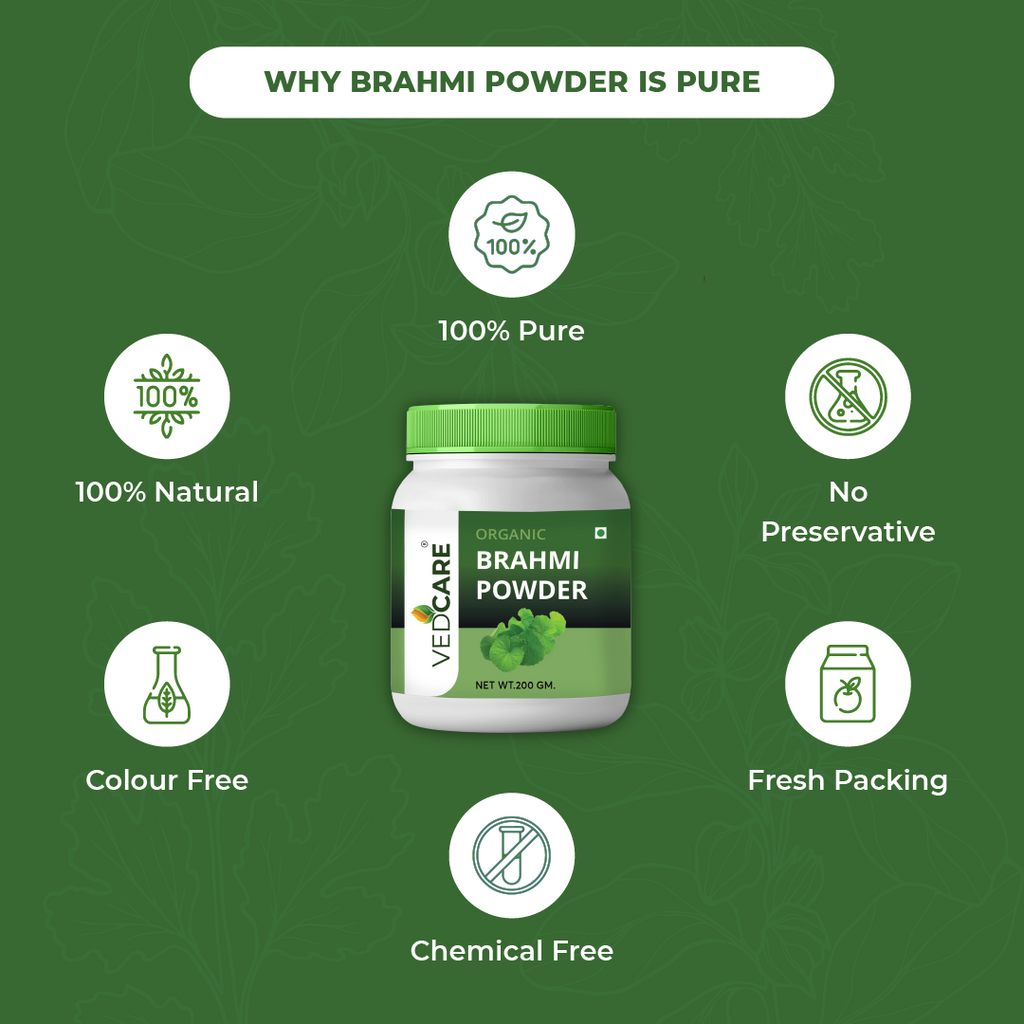 Vedacare Brahmi Powder container with certification icons on a green background