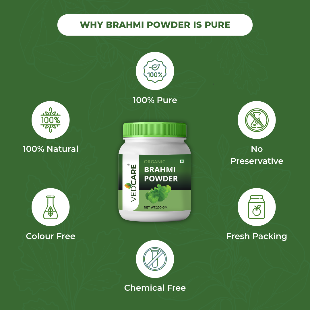 Vedacare Brahmi Powder container with certification icons on a green background