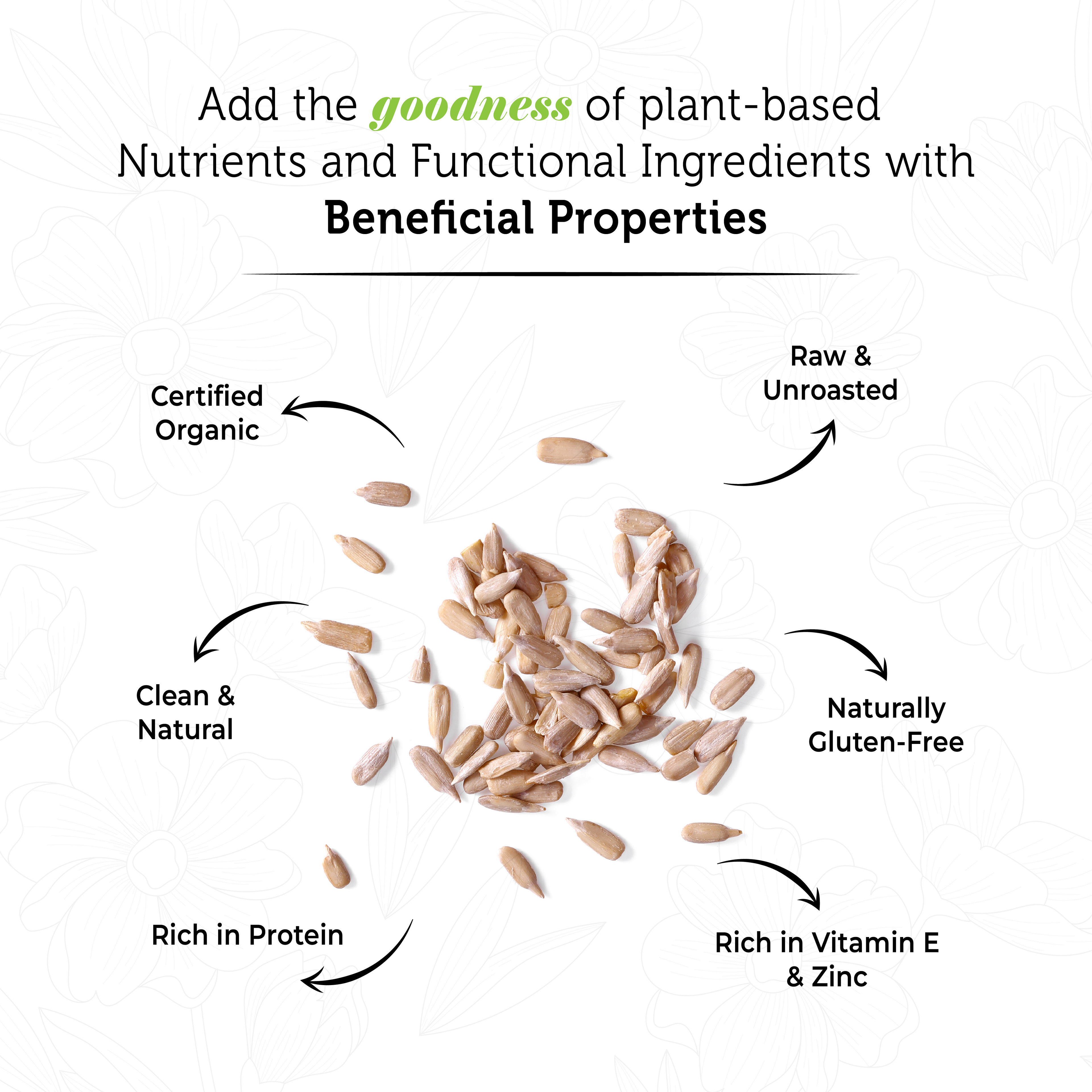 Text about plant-based nutrients and functional ingredients with a pile of seeds on a white background.
