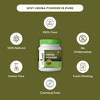 Velocare Heena Powder container with purity features on a green background