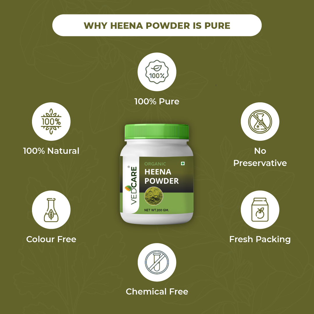 Velocare Heena Powder container with purity features on a green background