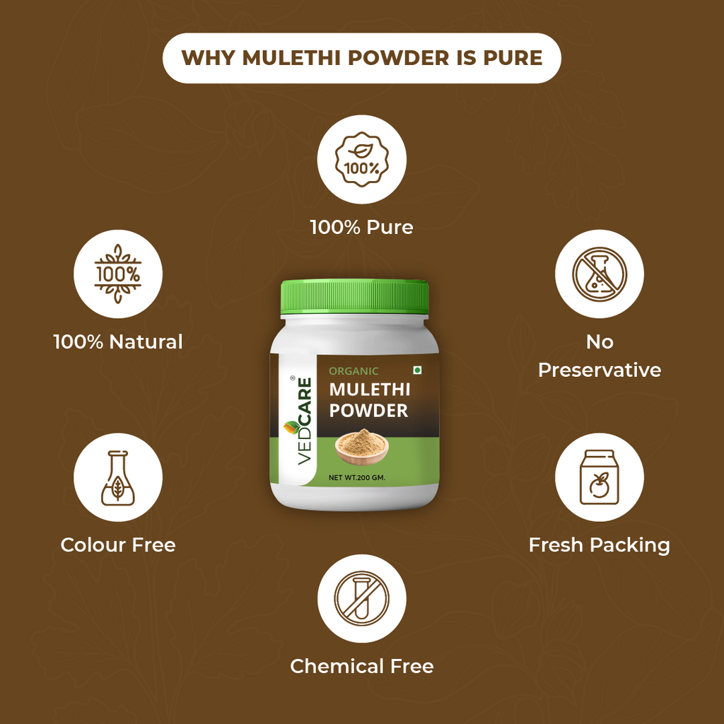Vedcare Mulethi Powder packaging with health benefits on a brown background