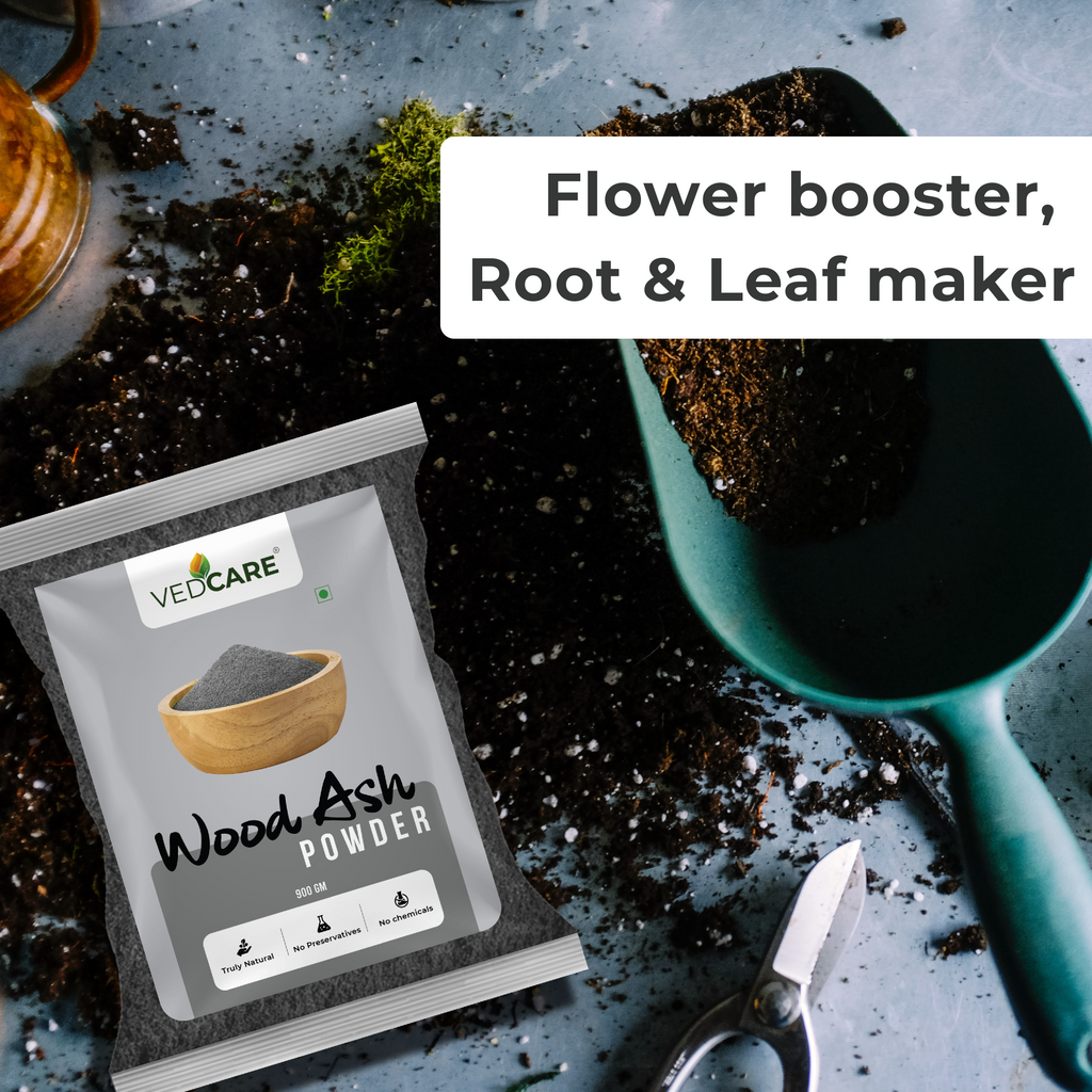 VedCare Wood Ash Powder package with gardening tools on a textured surface