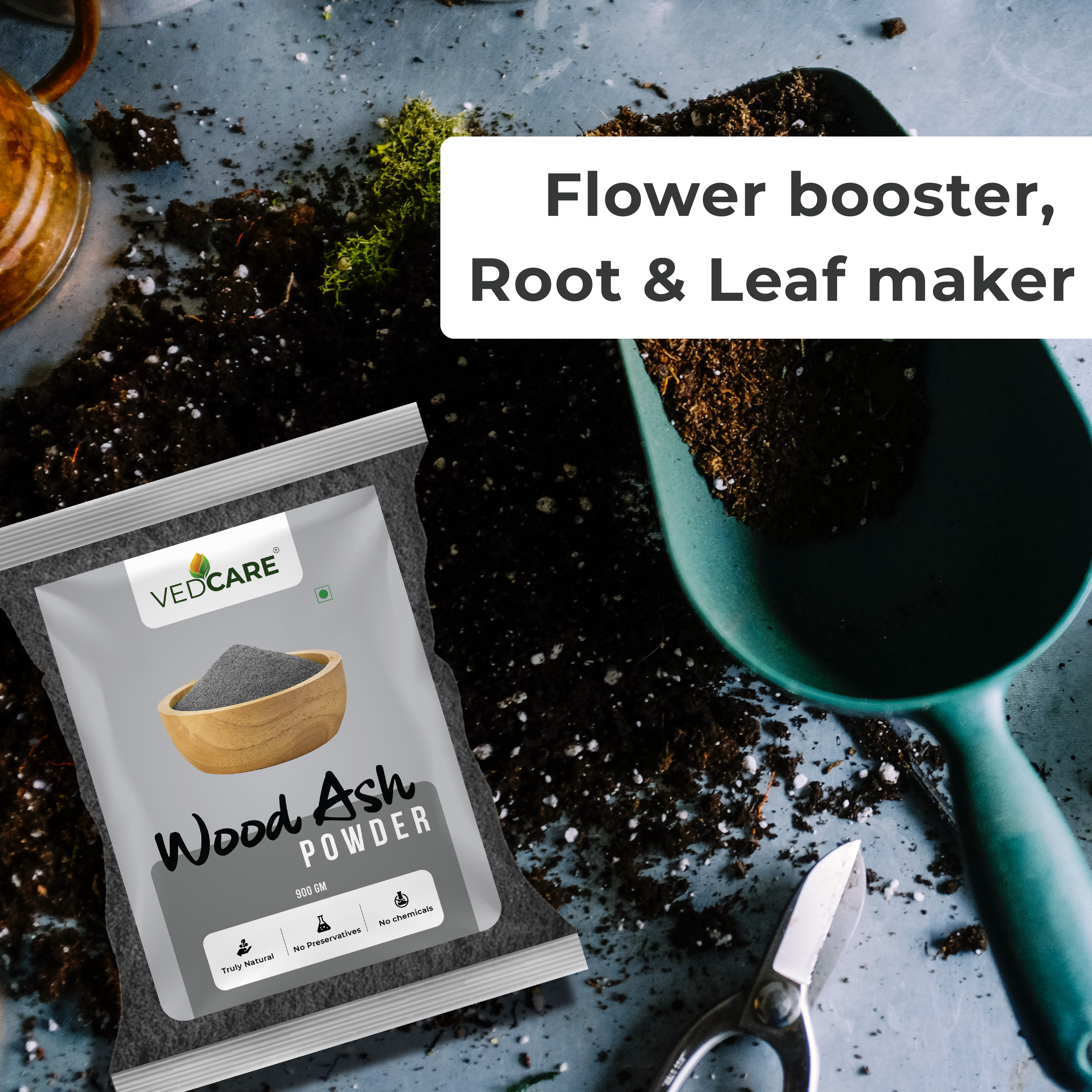 VedCare Wood Ash Powder package with gardening tools on a textured surface