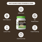 Vedcare Kaunch Beej Powder packaging with health benefits on a brown background