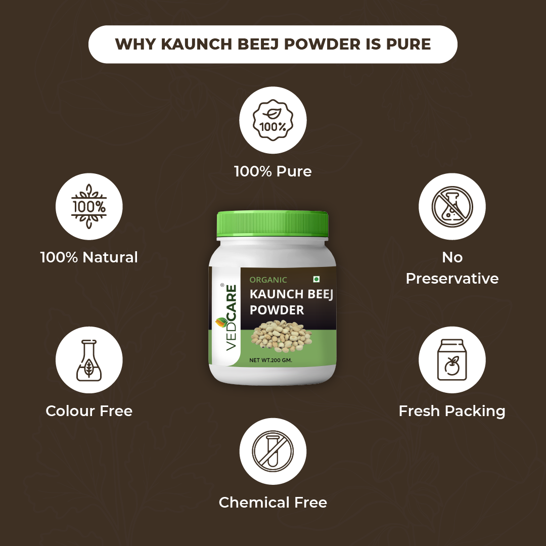 Vedcare Kaunch Beej Powder packaging with health benefits on a brown background