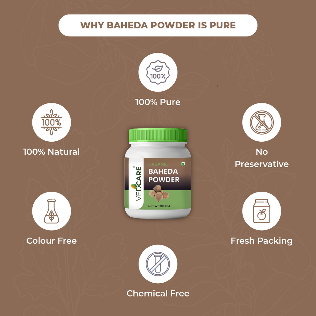 VeriCare Baheda Powder jar with certification icons on a brown background