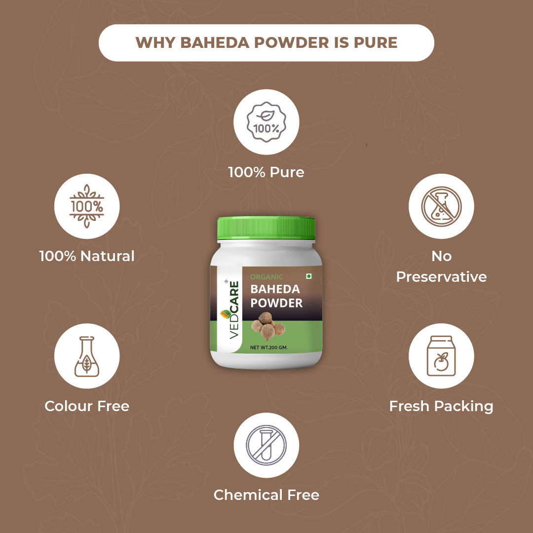 VeriCare Baheda Powder jar with certification icons on a brown background