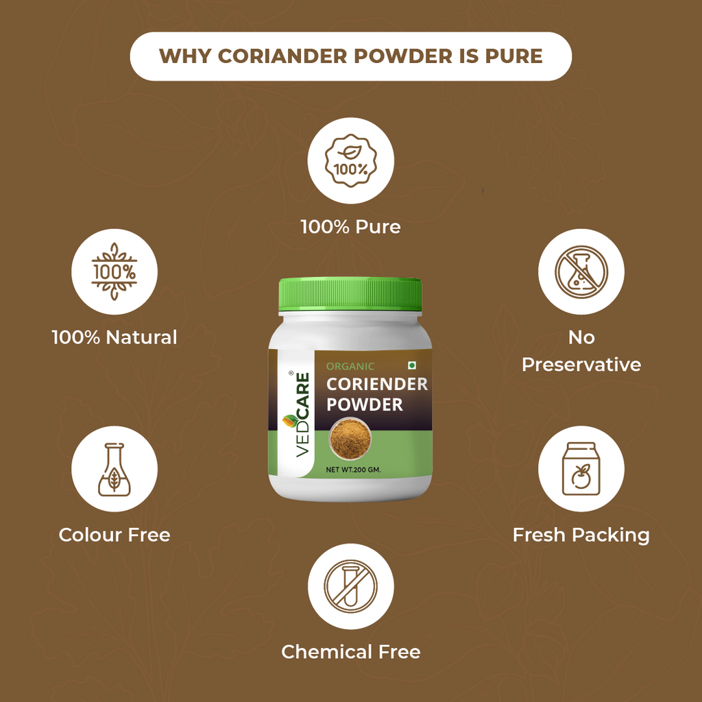 Vedicare Coriander Powder jar with health benefits on a brown background