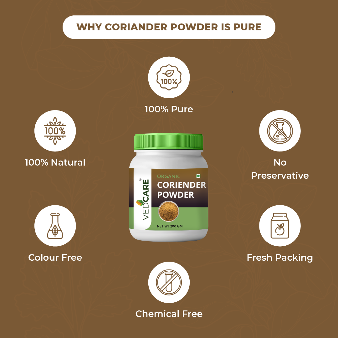 Vedicare Coriander Powder jar with health benefits on a brown background