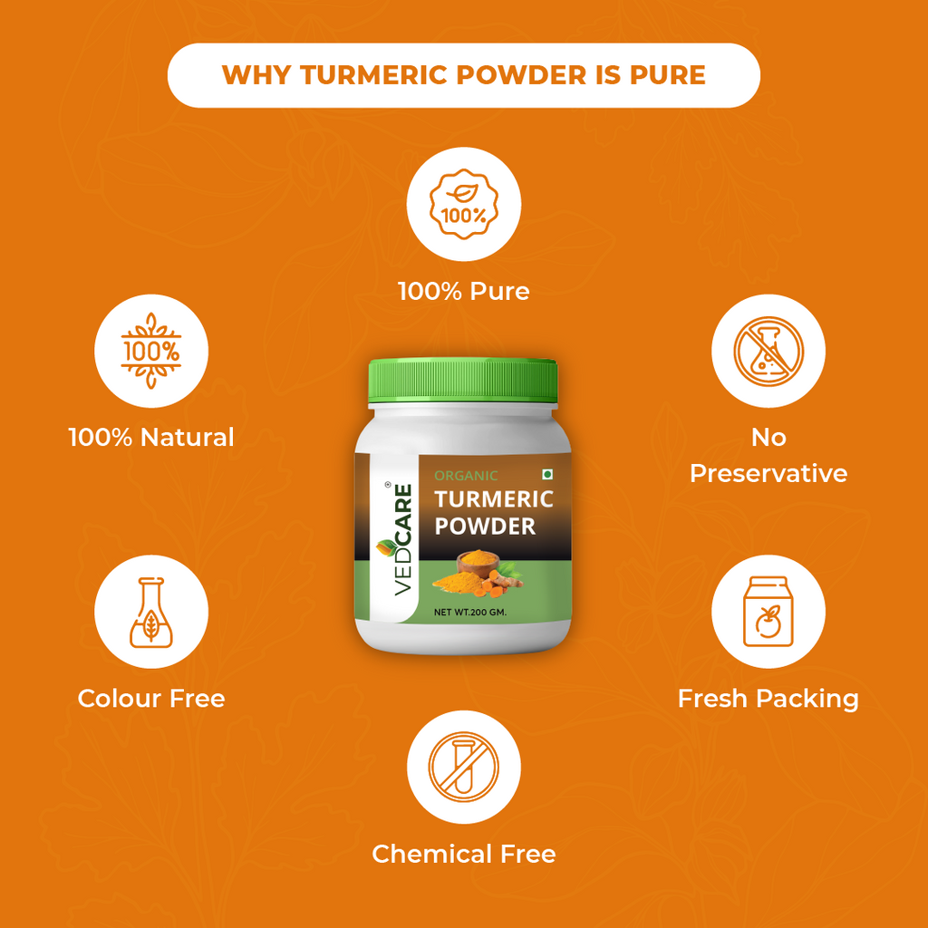 Vedcare Turmeric Powder jar with purity features on an orange background