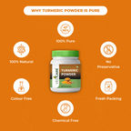 Vedcare Turmeric Powder jar with purity features on an orange background