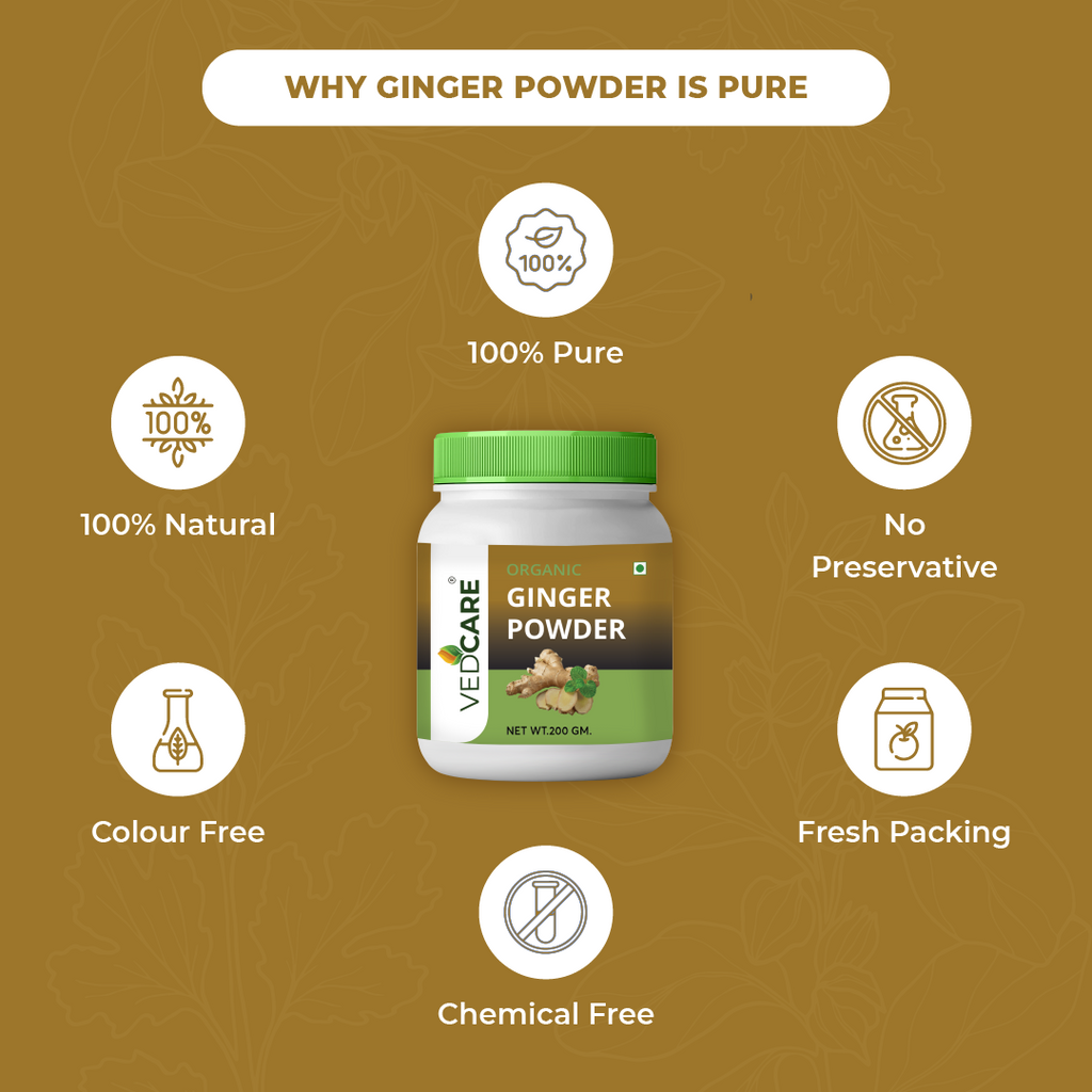 Vedicare Ginger Powder jar with health benefits on a brown background
