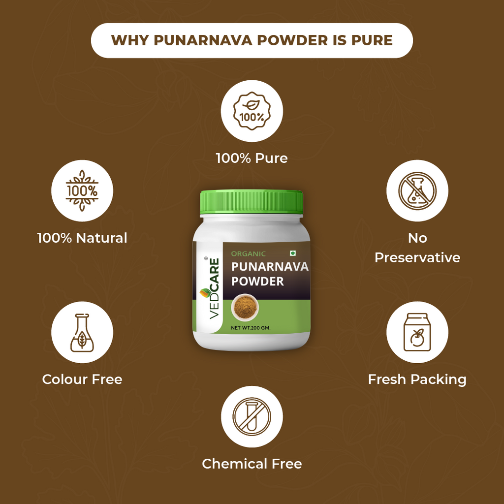 Velcare Punarnava Powder packaging with health benefits on a brown background
