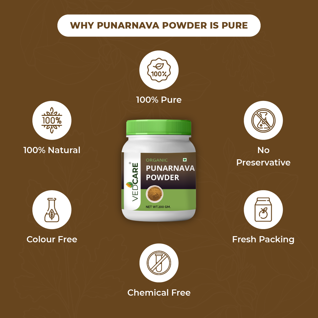 Velcare Punarnava Powder packaging with health benefits on a brown background