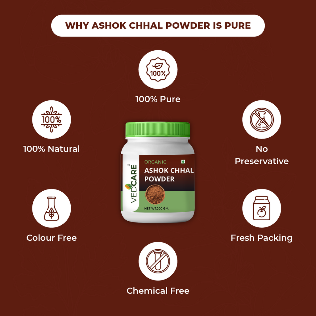 Vedcare Ashok Chhal Powder packaging with health benefits on a brown background