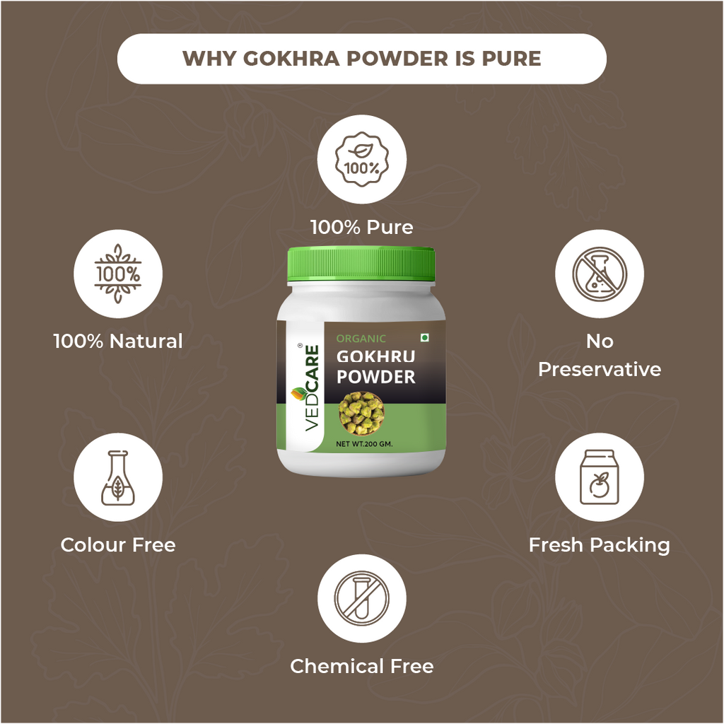 Vedacare Gokhru Powder jar with health benefits on a brown background