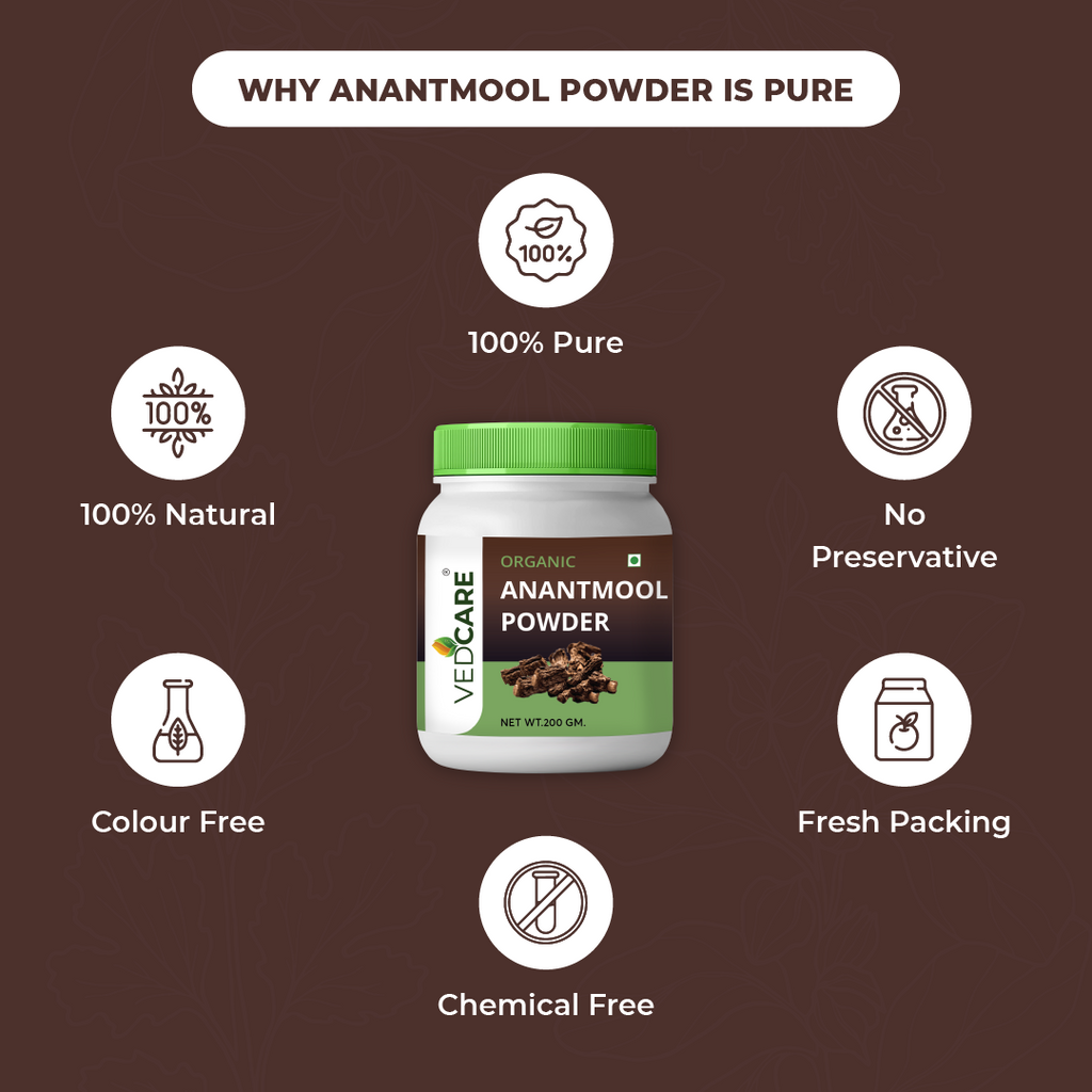 Vedicare Nagarmotha Powder jar with health benefits on a brown background
